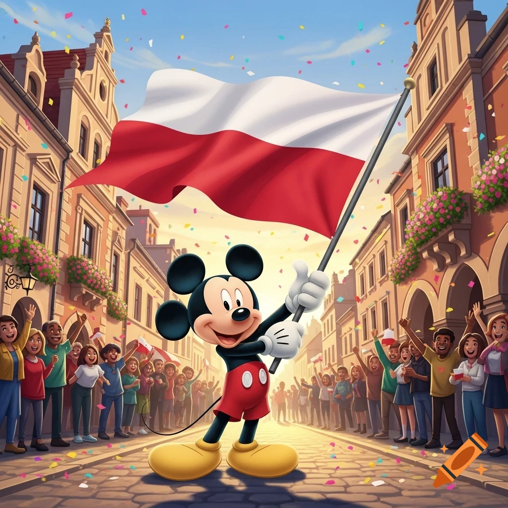 Mickey Mouse waves a large Polish flag in a festive town square with a cheering crowd and falling confetti.