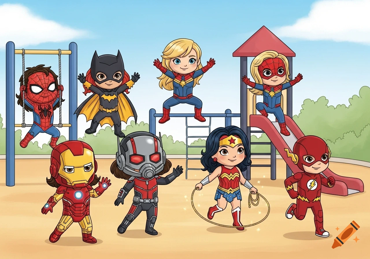 An illustration of eight chibi-style superheroes, including Spider-Man, Batwoman, Captain Marvel, Iron Man, Ant-Man, Wonder Woman, and Flash, playing in a colorful playground.