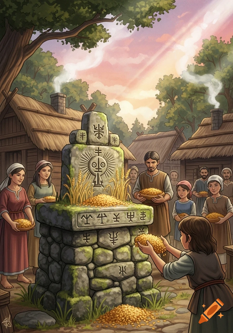 Villagers offer grain to a stone altar with ancient symbols under a sunset sky, surrounded by thatched huts and trees in a stylized art style.