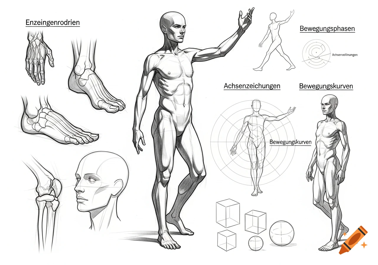 Monochrome academic art study sheet featuring a full-body male figure, detailed hand, foot, head, and knee studies, movement analysis sketches, and geometric form breakdowns.