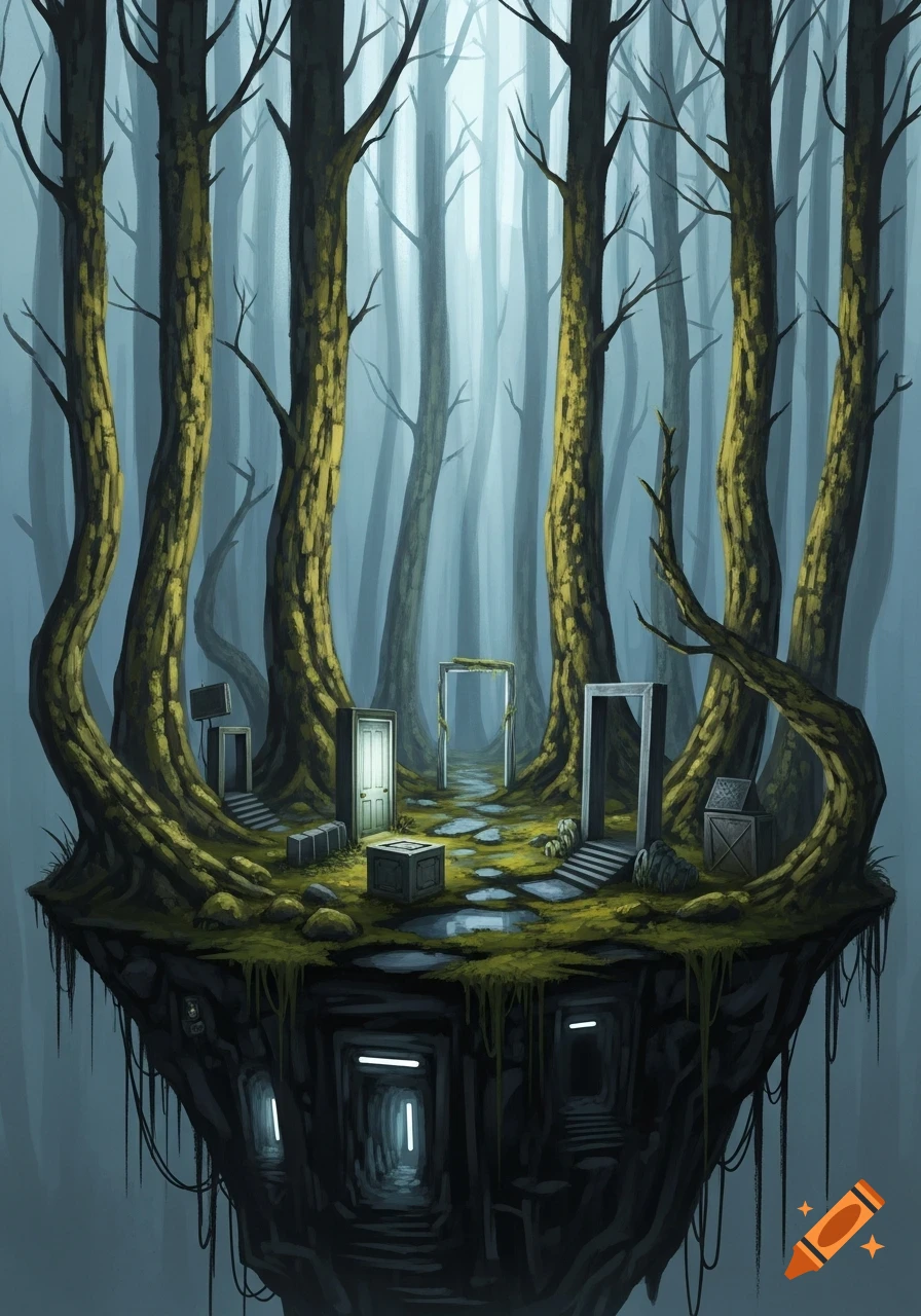 A surreal floating island with gnarled trees, mossy ground, various doors, and glowing cave entrances beneath, in a misty forest.