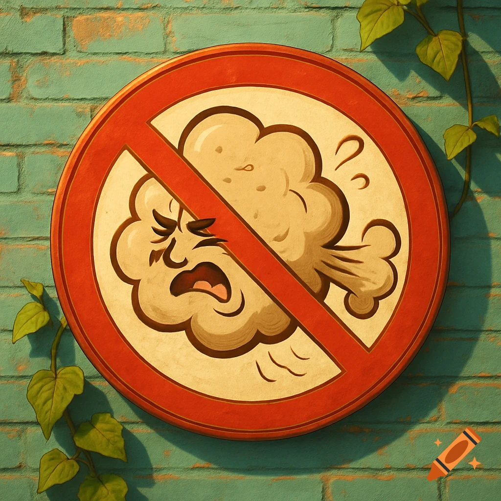 A cartoon no farting sign, featuring a grimacing cloud-like face within a red circle and slash, mounted on a teal brick wall with green ivy.