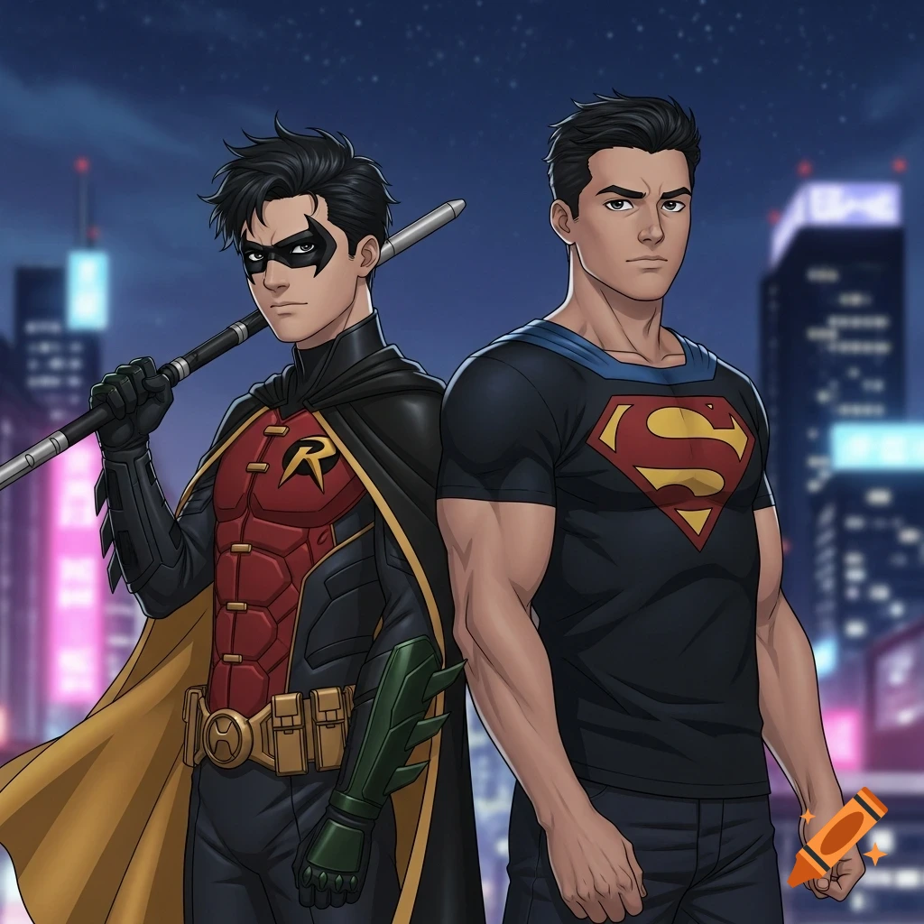 Robin and Superboy stand together in a city at night, rendered in a semi-realistic anime style.