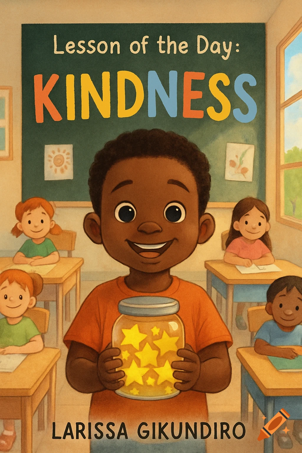 Cartoon book cover with a smiling boy holding a jar of stars in a classroom. Text reads "Lesson of the Day: KINDNESS".