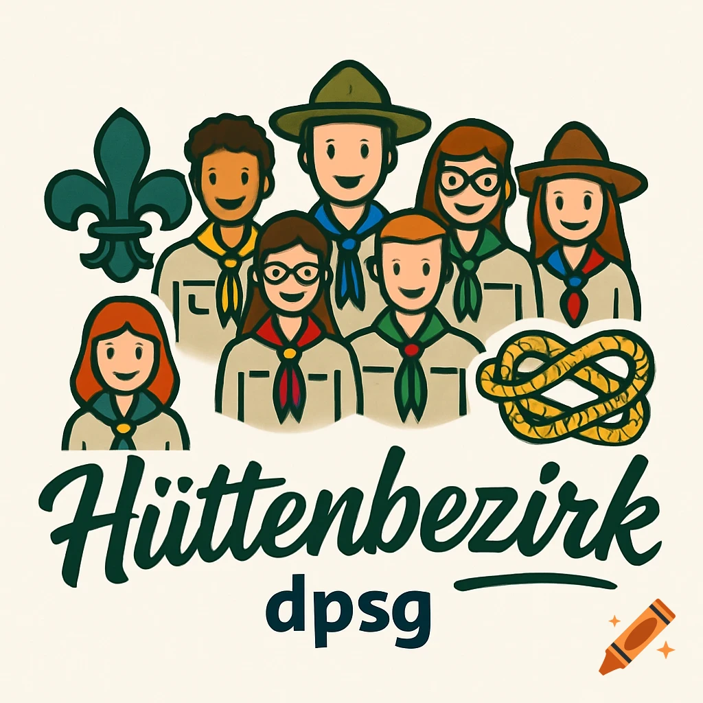 A colorful cartoon logo for "Hüttenbezirk dpsg" featuring seven smiling scout figures, a fleur-de-lis, and a knot.