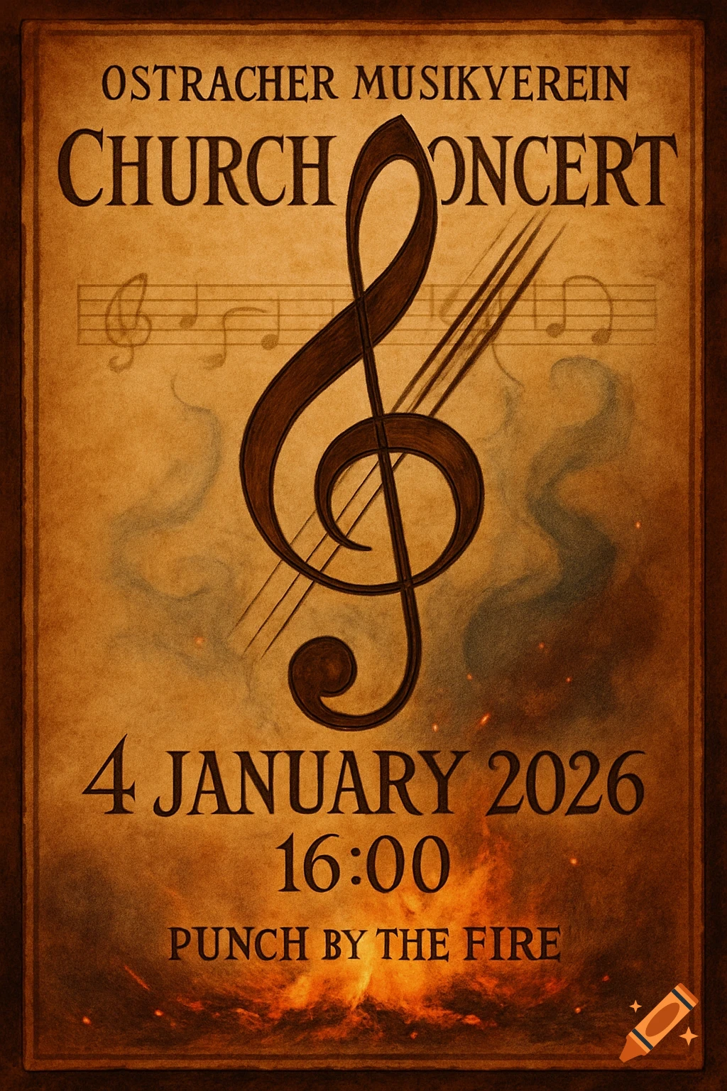 A vintage-style poster for an 'Ostracher Musikverein Church Concert' on January 4, 2026, at 16:00, featuring a large treble clef and 'Punch by the Fire' text against a parchment background with fire at the bottom.