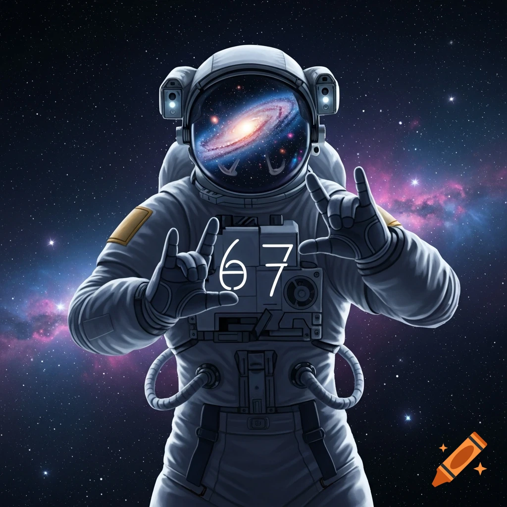 A detailed illustration of an astronaut in space, with a galaxy reflected in their visor. Their hands form the numbers 6 and 7 on their chest.