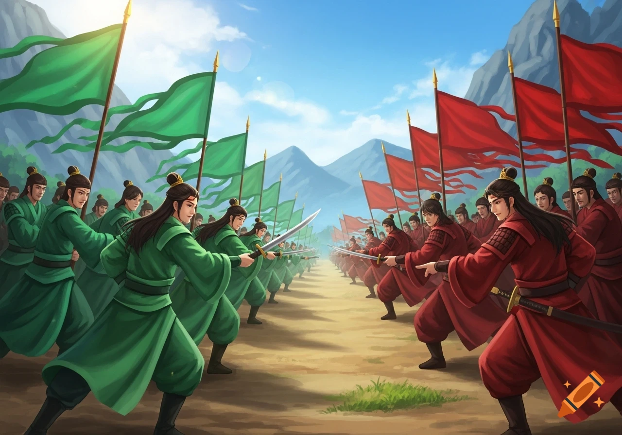 Two cartoon-style armies, green vs. red, face off with swords and flags on a dirt path, mountains behind them.