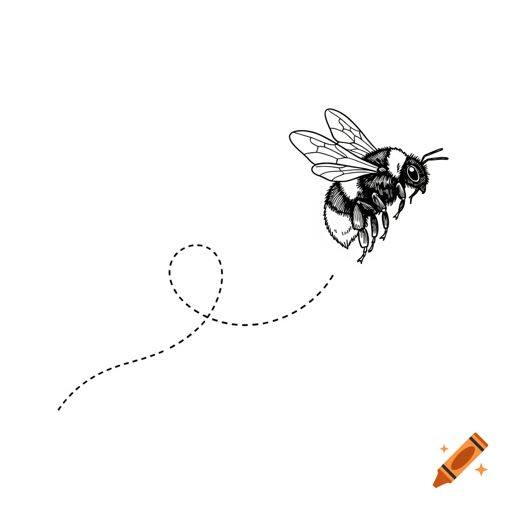 A black and white minimalist illustration of a fluffy bumblebee flying with a dotted line showing its looped flight path.