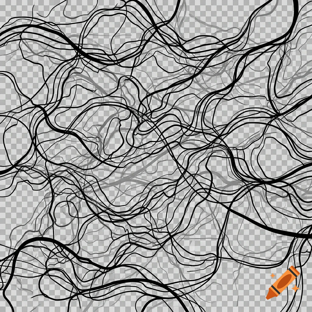 Abstract black and gray swirling lines on a transparent checkerboard background, forming a tangled, organic pattern.