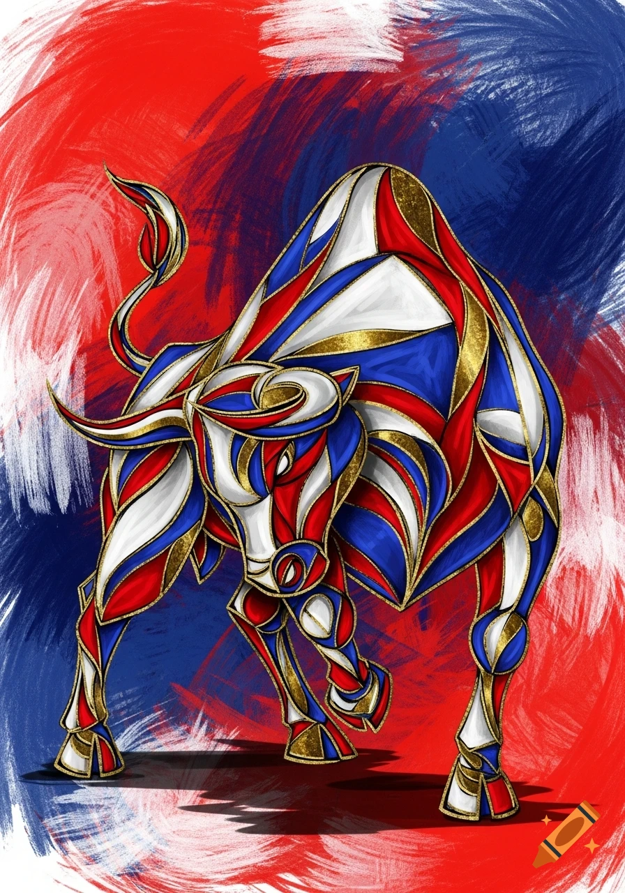Abstract geometric bull in red, white, blue, and gold with a brushstroke background.