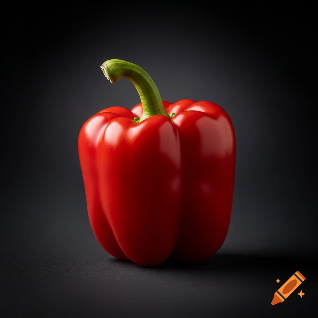 A vibrant red bell pepper with a green stem, professionally lit against a dark background in a studio shot.