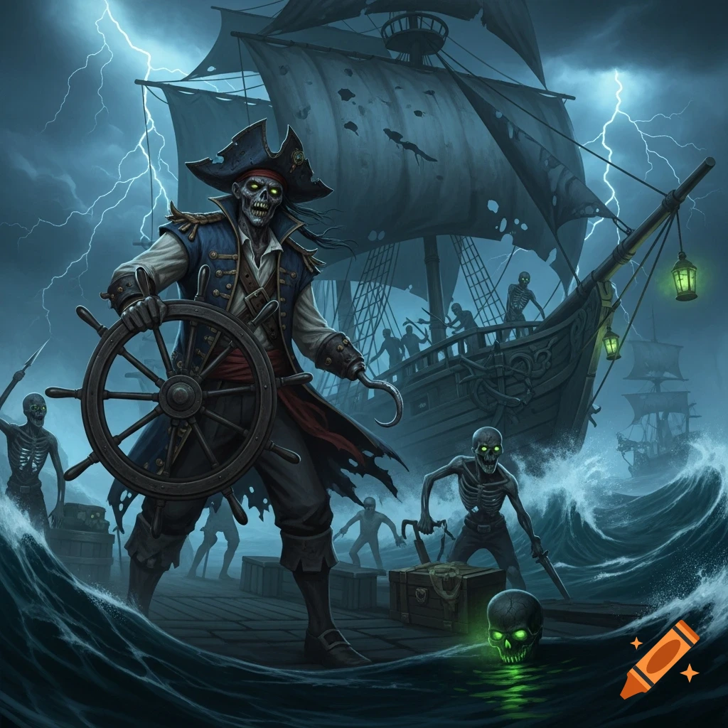 A zombie pirate captain steers his ship in a stormy sea with his glowing-eyed zombie crew, dark fantasy illustration.