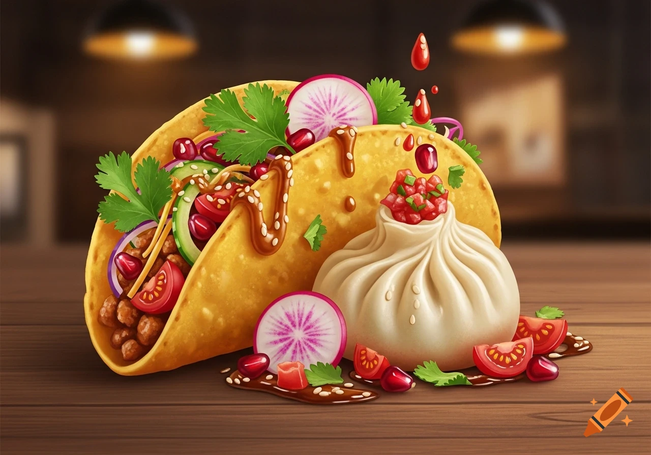 A stylized illustration of a taco filled with meat, vegetables, and sauce, next to a dumpling with a red salsa filling, on a wooden table.