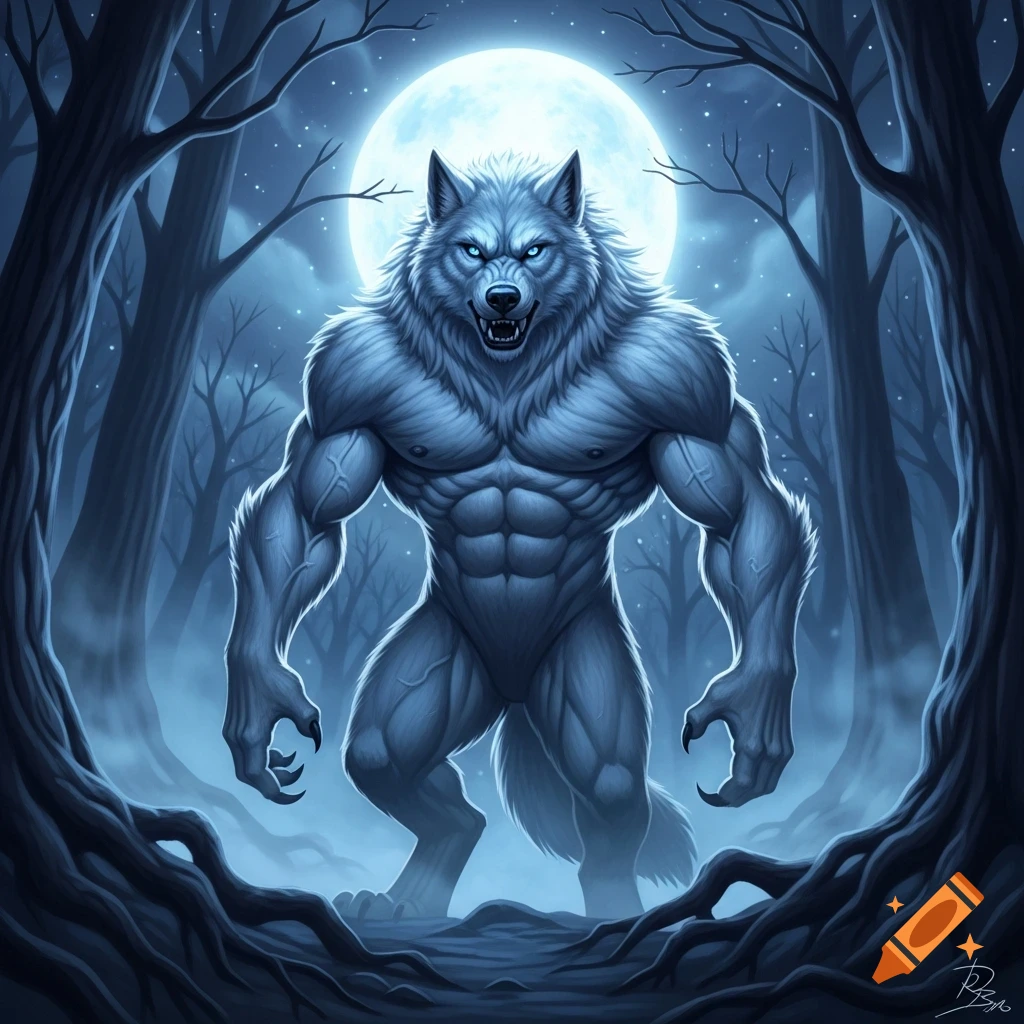 A muscular, white werewolf with glowing blue eyes stands in a dark forest under a full moon, in a digital painting style.