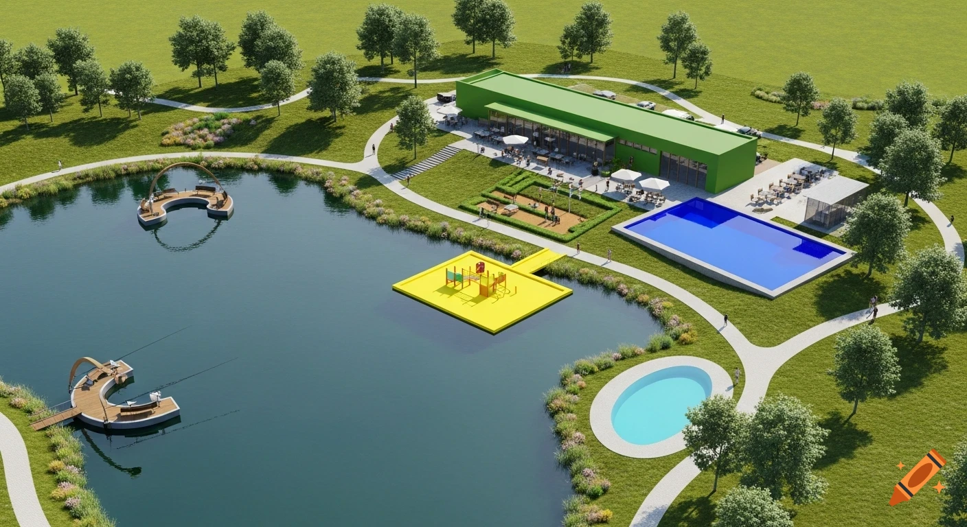 3D realistic view of a landscaped lake project with a green building, lake, two fishing pontoons, pools, a playground, paths, and trees.
