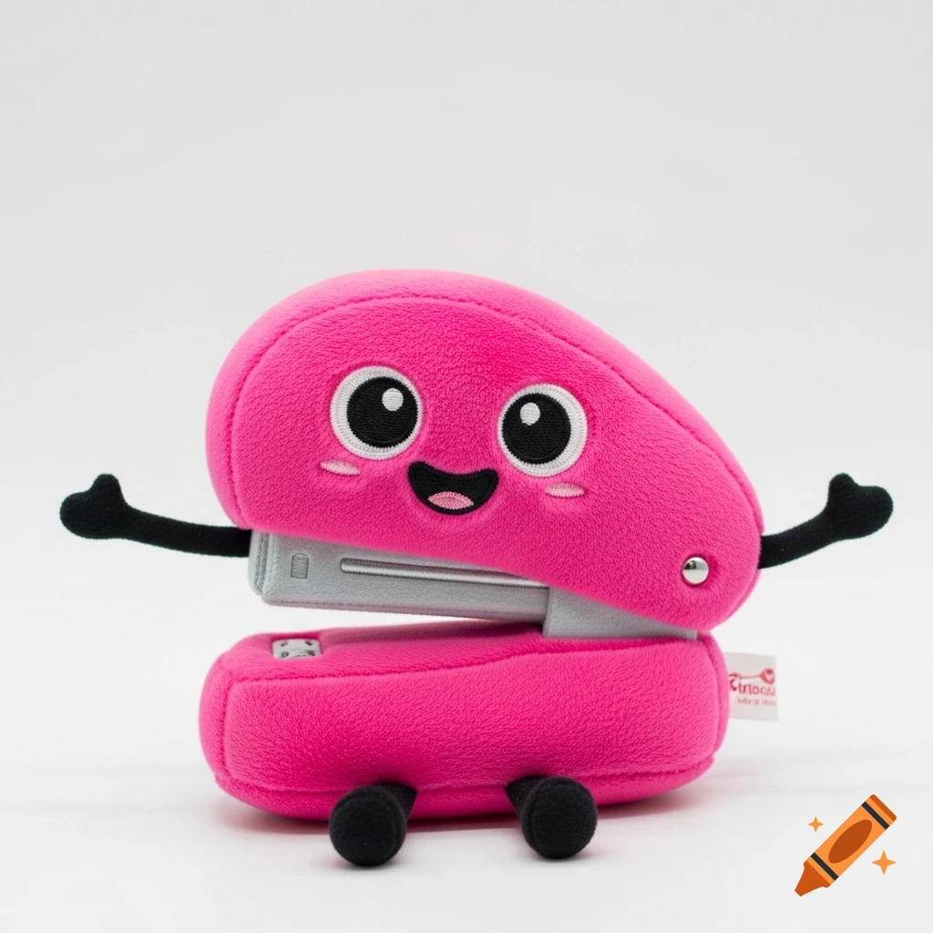A bright pink plush stapler toy with a smiling cartoon face, big eyes, and black stick arms and legs, on a white background.