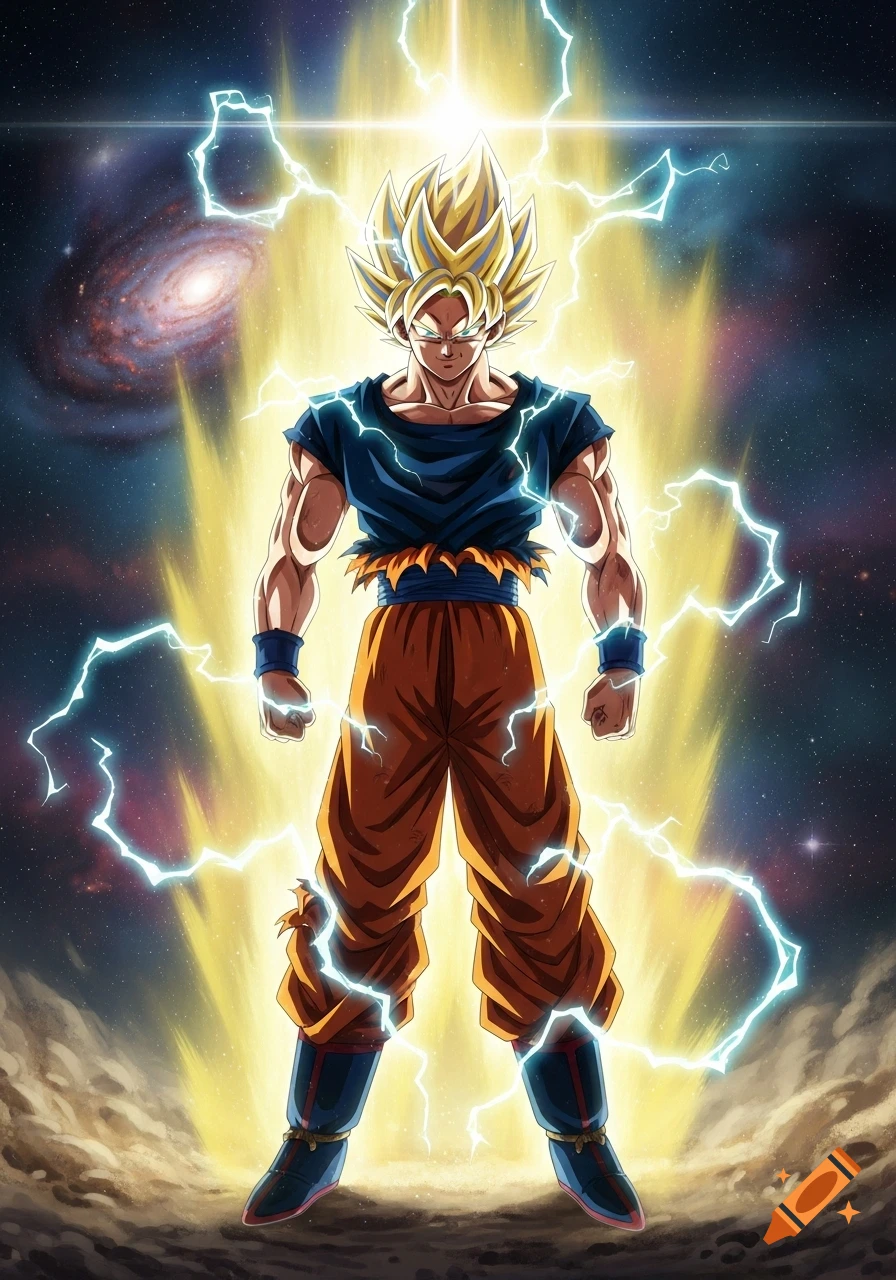 Goku as a Super Saiyan, surrounded by golden energy and blue lightning, stands powerfully in space with a galaxy visible.