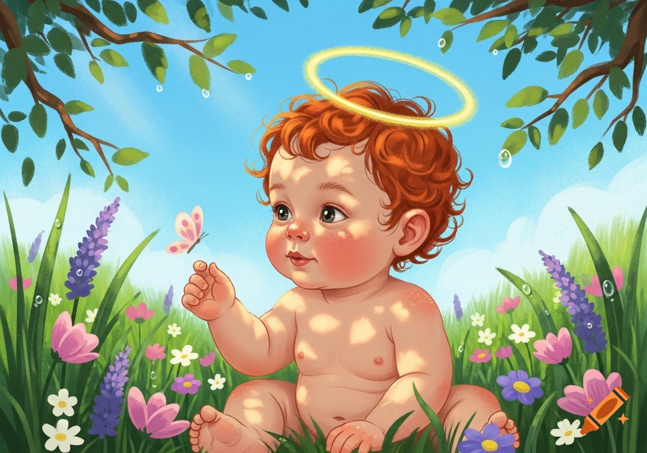 A whimsical illustration of a red-haired baby with a halo sitting in a field of colorful flowers, looking at a butterfly.