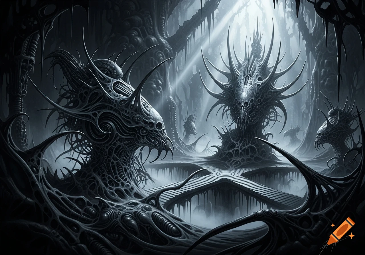 Dark, monochromatic H.R. Giger-style art depicting two large, spiky biomechanical alien structures in a cavernous, misty environment.