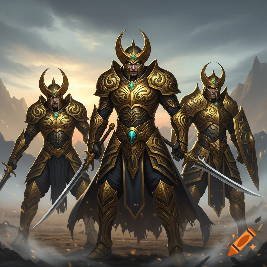 Three majestic warriors in elaborate golden armor and horned helmets stand in combat stances on a desolate battlefield.
