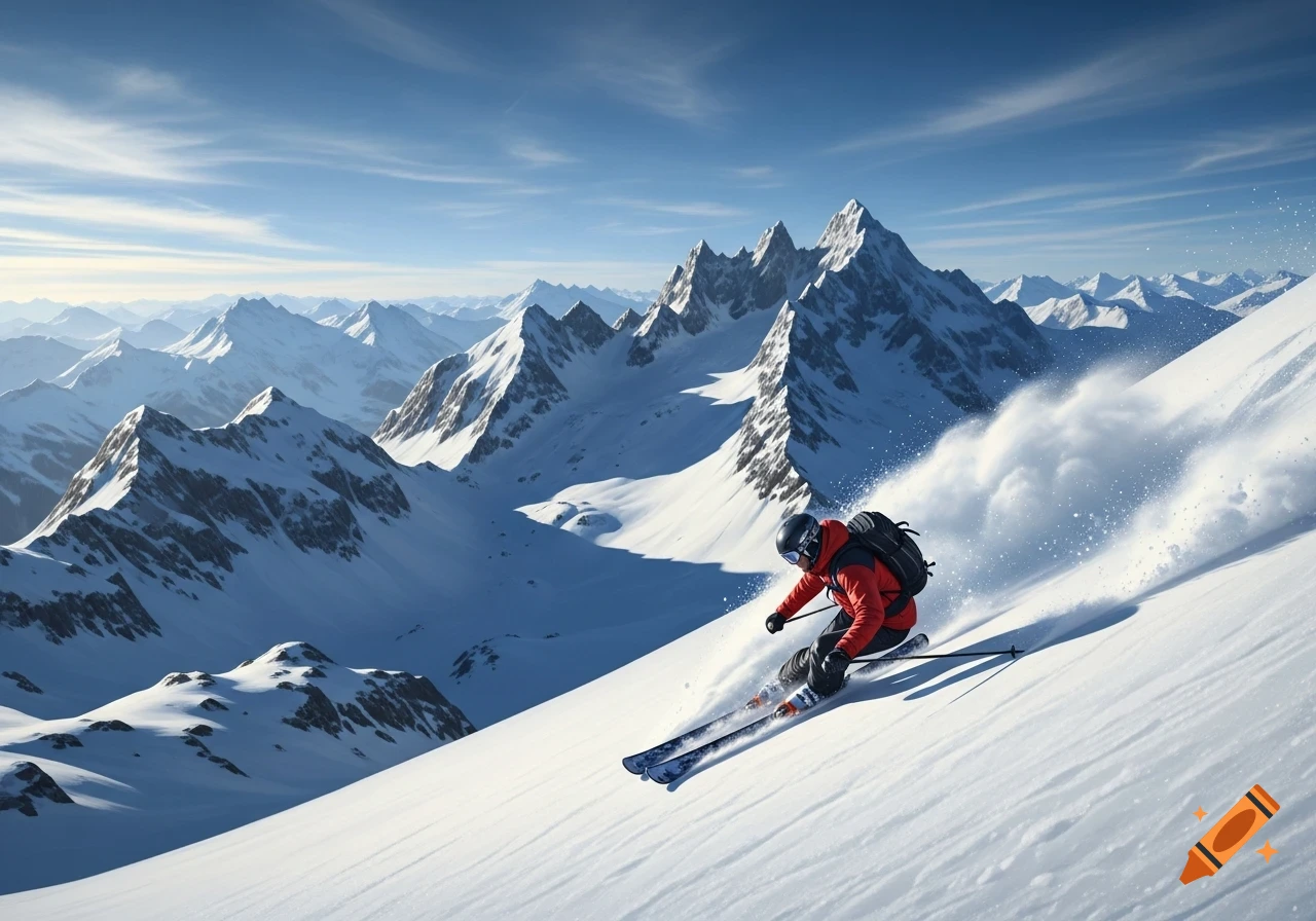 A person skis down a pristine snow-covered mountain slope, kicking up powder. Majestic snow-capped peaks fill the background under a clear sky.
