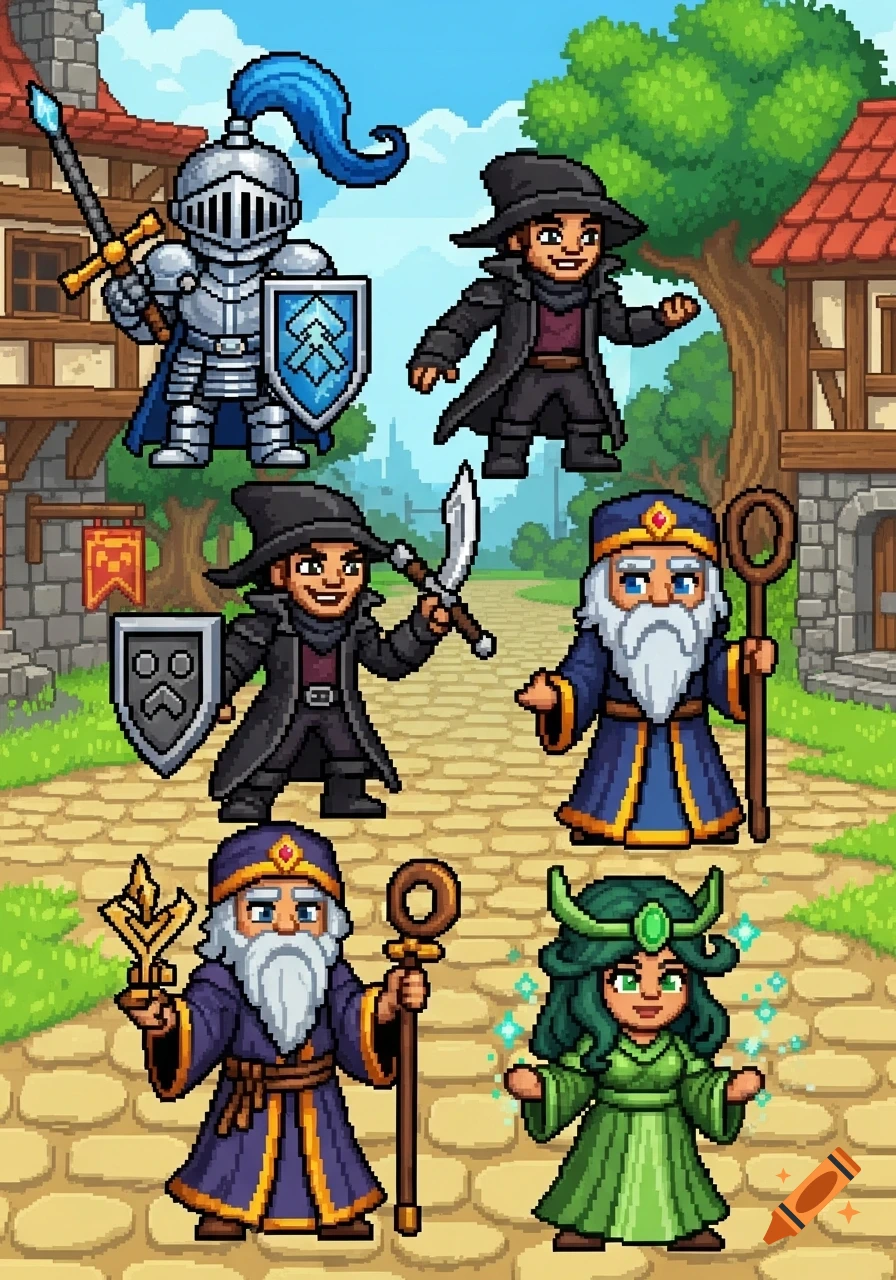 Six pixel art fantasy RPG characters: a knight, two rogues, and three mages, set in a village background.