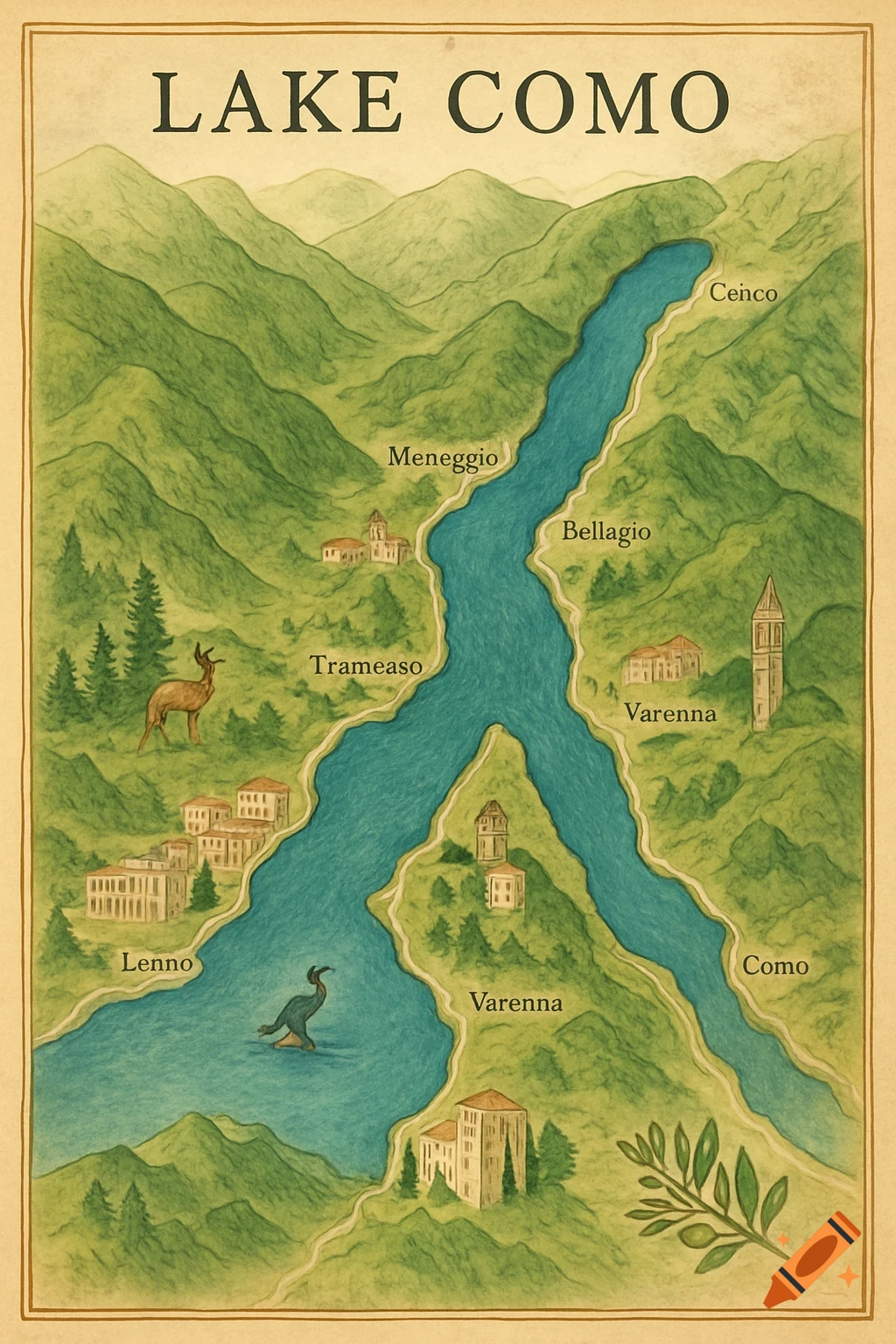 An illustrated map of Lake Como, Italy, showing green mountains, towns, and the winding blue lake in a vintage style.