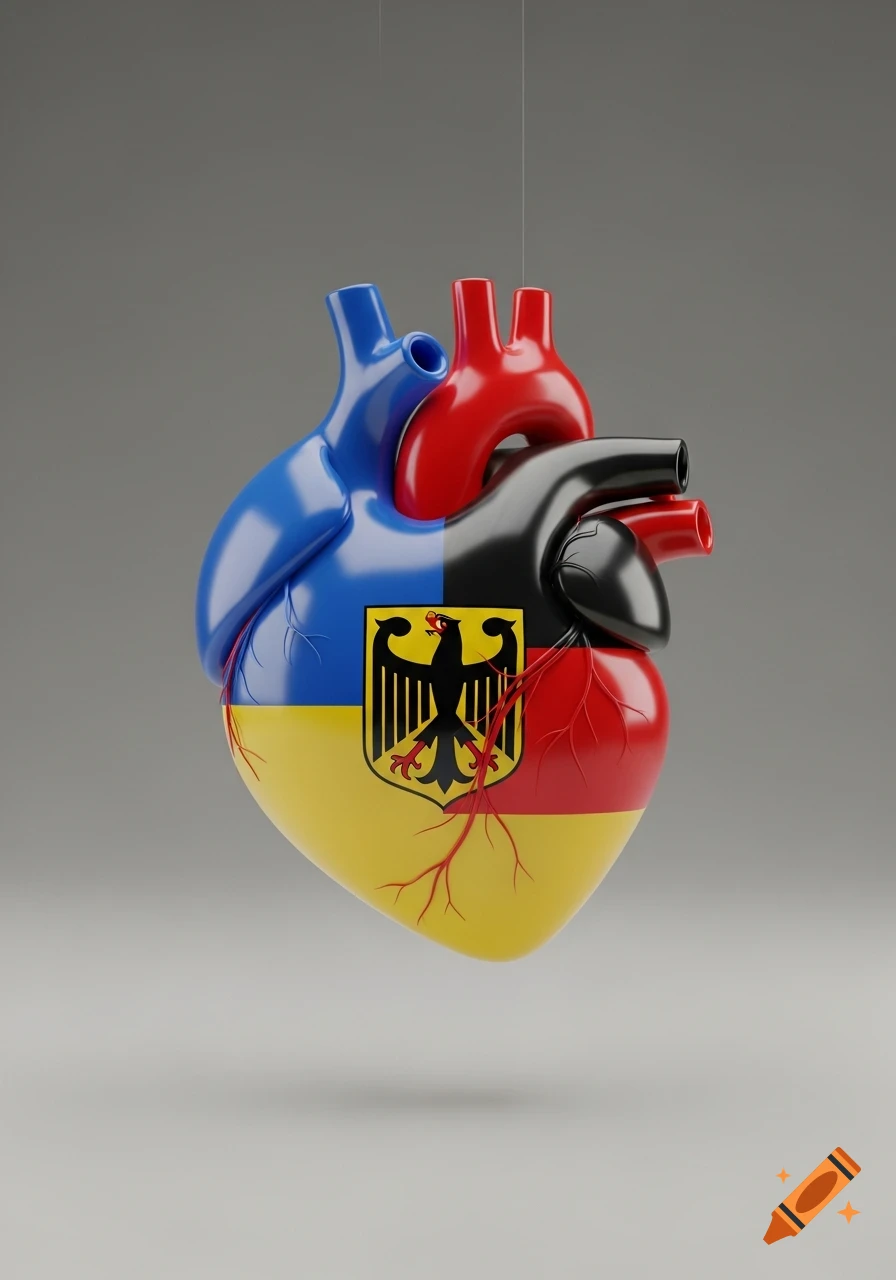 A 3D rendered human heart, half colored with the Ukrainian flag and half with the German flag, featuring the German eagle emblem.