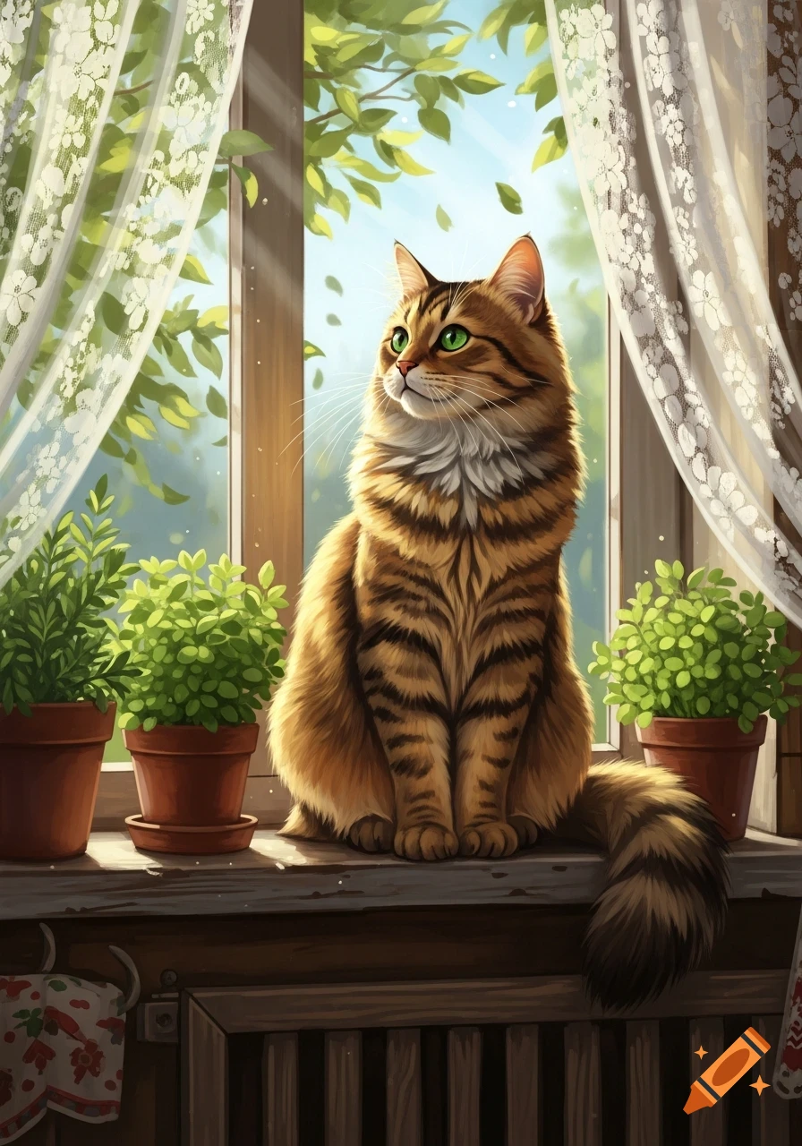 A fluffy tabby cat with green eyes sits on a sunlit windowsill, looking ...