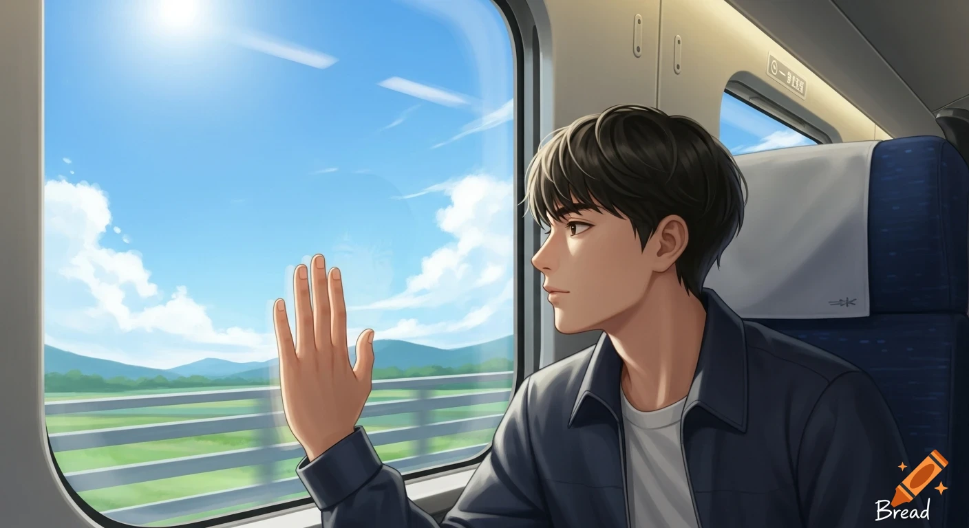 A young man with dark hair sits by a train window, looking out at a bright blue sky with clouds and a green landscape, in an anime art style.