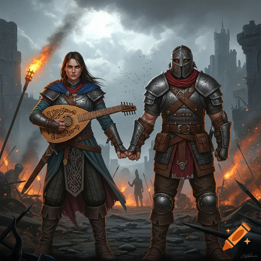 A woman with a lute and a masked warrior hold hands in a war-torn, burning landscape with a distant castle, digital painting.
