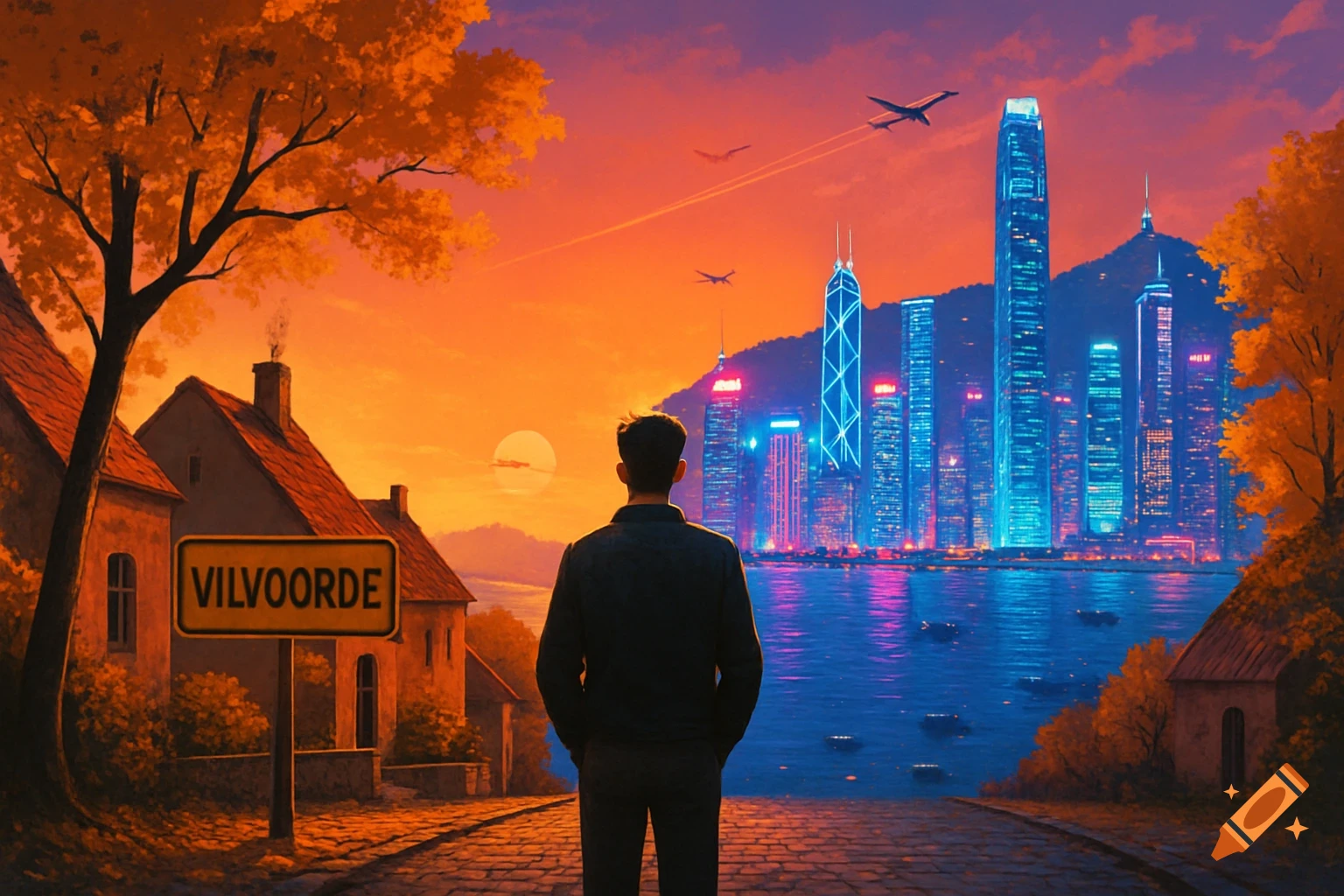A stylized painting of a man viewing a neon-lit futuristic city across water from a rural area with a 'VILVOORDE' sign at sunset.