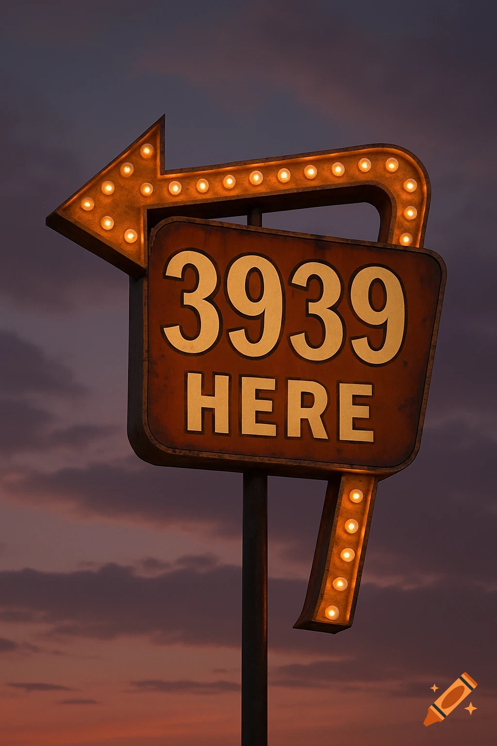 A rustic lighted arrow sign showing '3939 HERE' against a twilight sky.