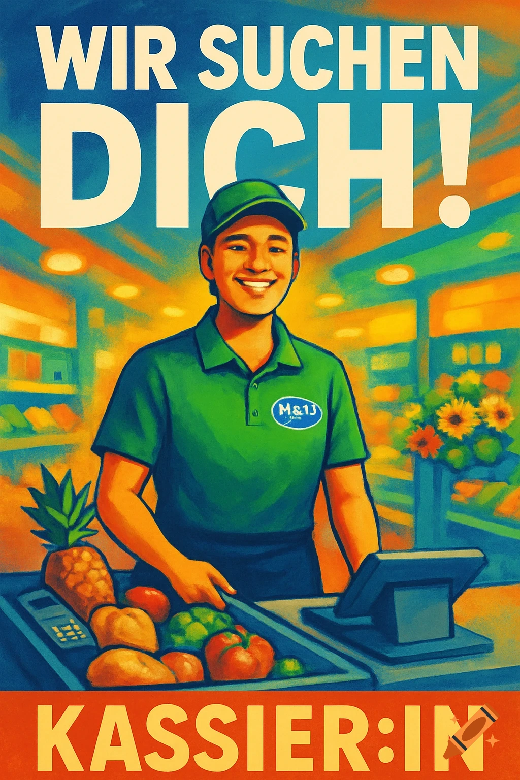 A colorful poster art style advertisement shows a smiling cashier at a supermarket checkout with text 'WIR SUCHEN DICH!' and 'KASSIER:IN'.