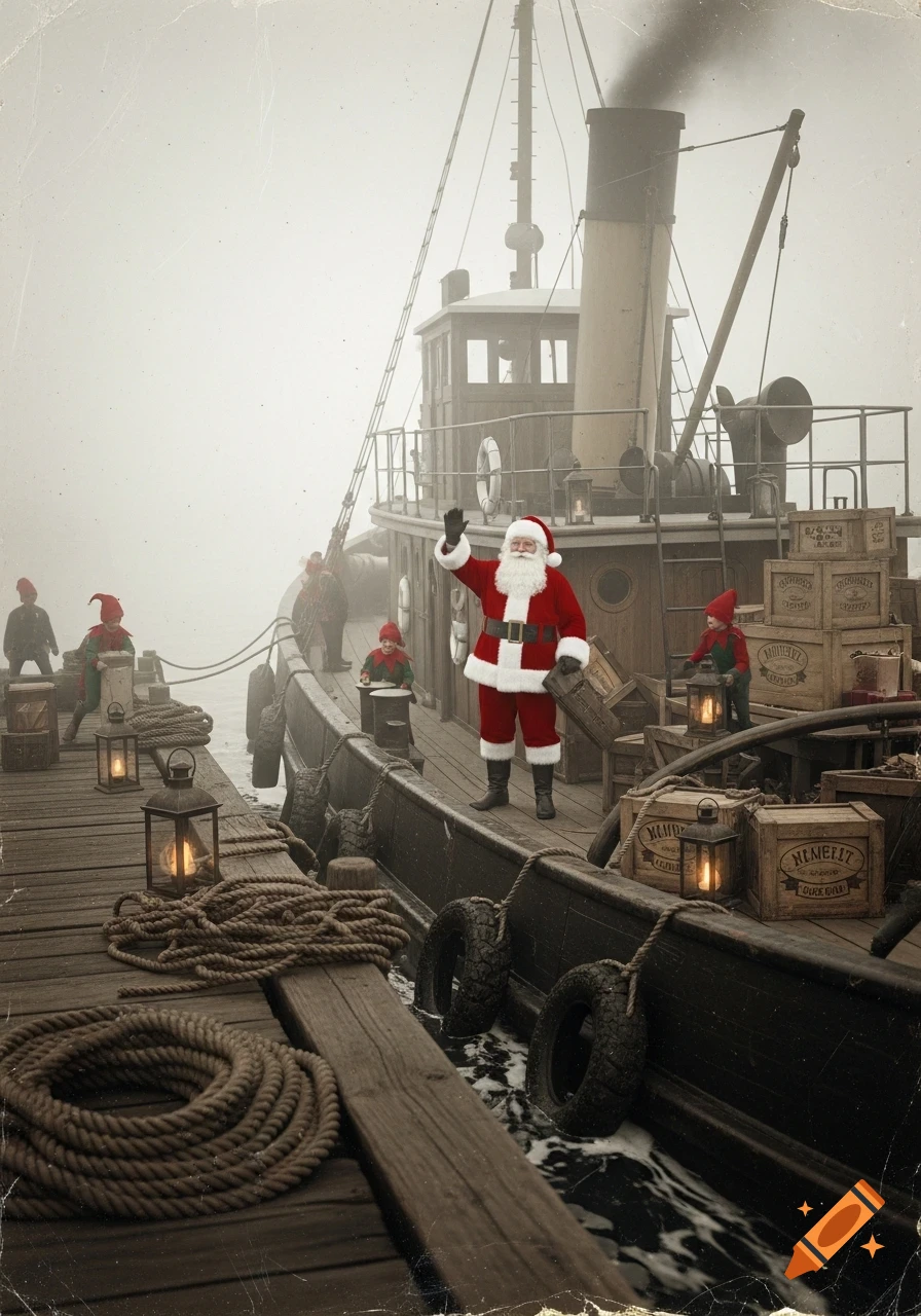 Santa Claus waves from a vintage tugboat arriving at a foggy harbor, with elves on the dock and boat.