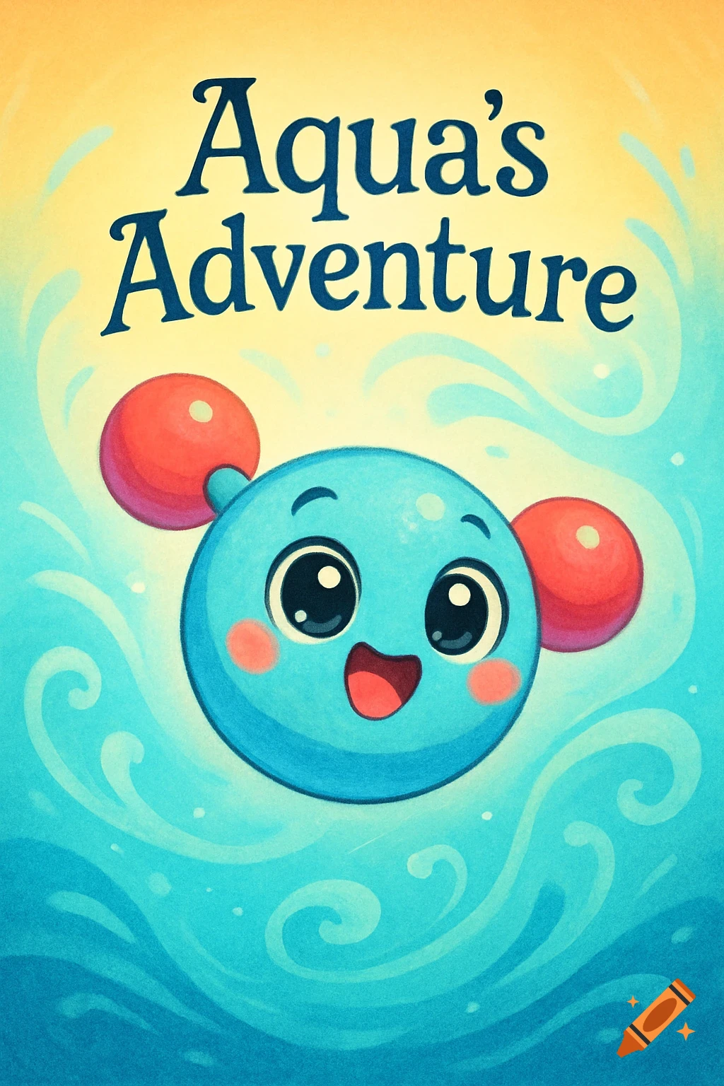 A vibrant cartoon illustration of a smiling water molecule character with red 'O' atoms, on a blue and yellow background with waves. Text reads "Aqua's Adventure".
