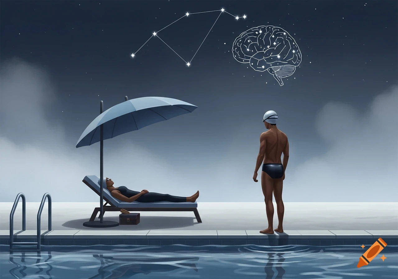 An illustration of a man in swim trunks and cap standing by a pool at night, looking up at a constellation and a glowing brain, while a woman sleeps on a lounge chair under an umbrella.