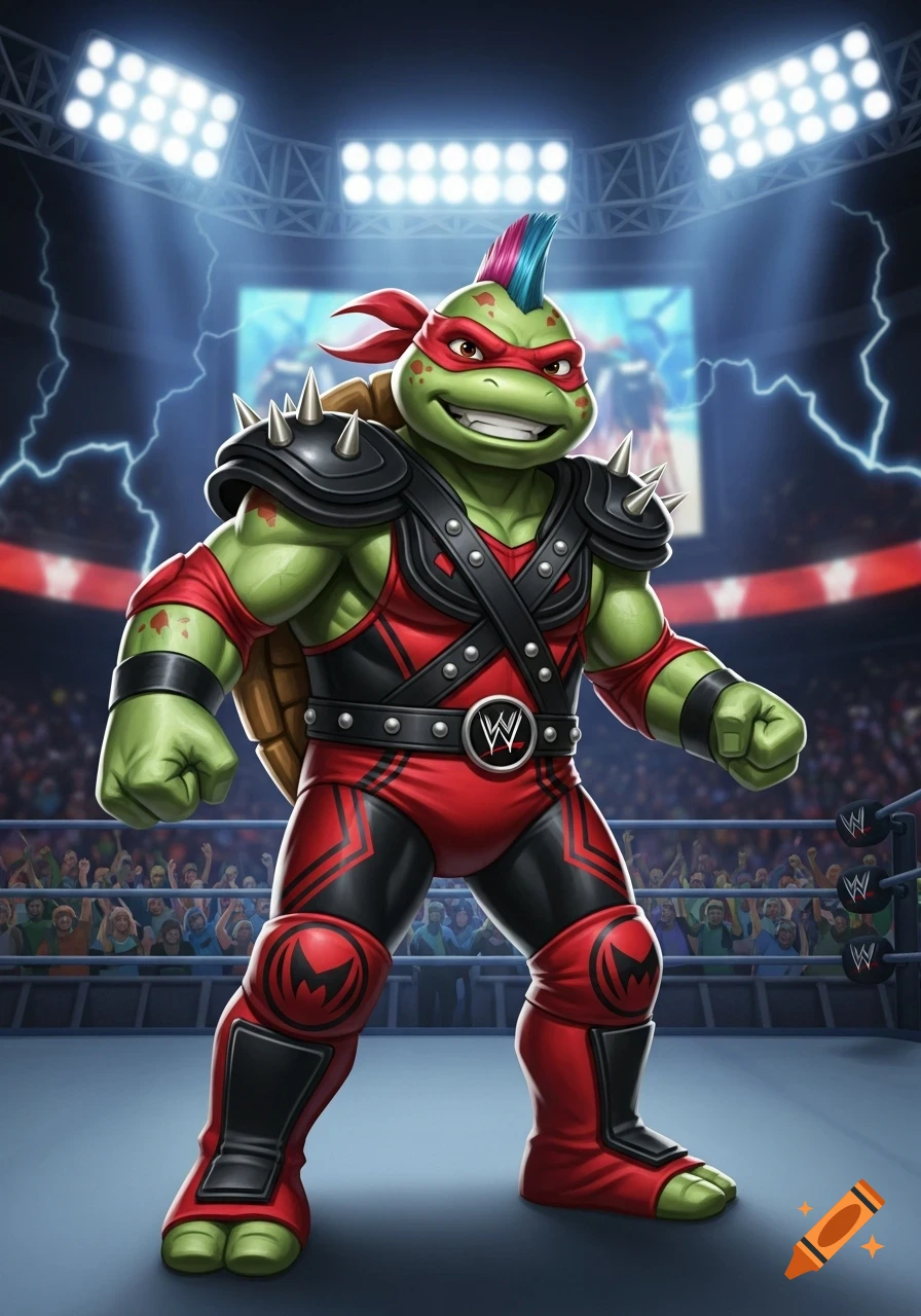 A cartoon turtle, dressed as a wrestler with a red and black outfit and a mohawk, stands in a wrestling ring under stadium lights.