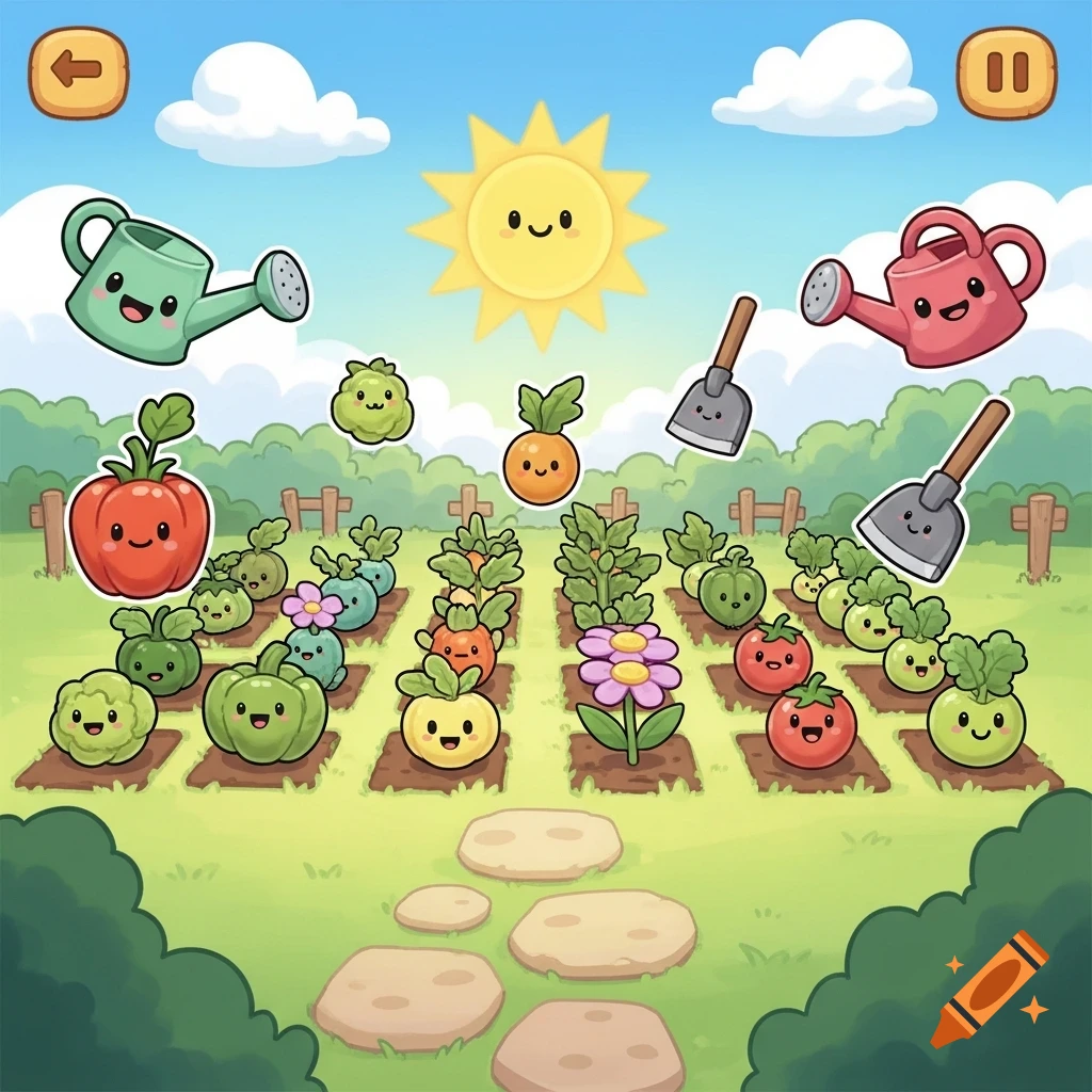 A bright cartoon video game gardening interface with cute smiling vegetables, watering cans, hoes, a path, and a sunny sky.