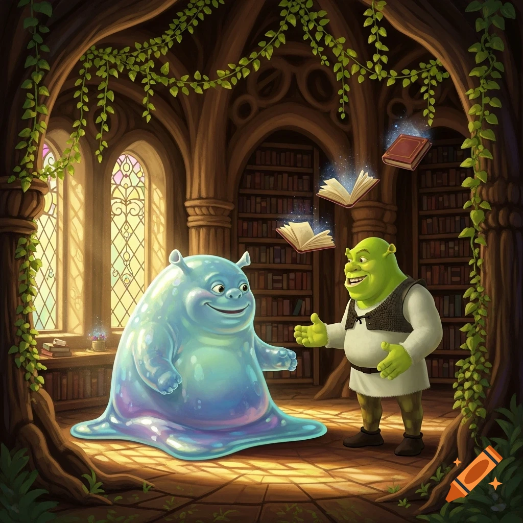 Shrek greets a large, smiling blue blob creature in a magical library with floating books and stained glass windows.
