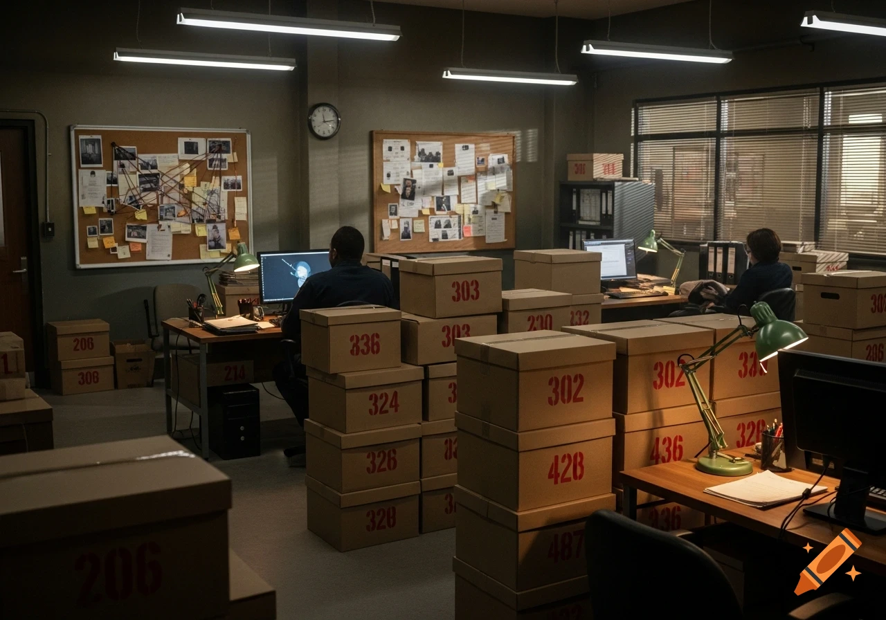 An office with two people working at desks, surrounded by tall stacks of brown evidence boxes with red numbers.