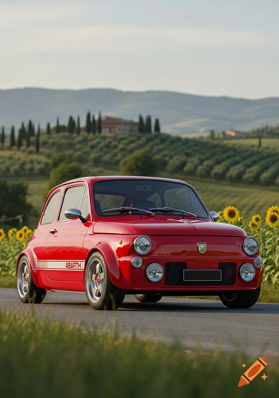 A vibrant red vintage Abarth car is parked on a paved road, with a field of sunflowers and rolling Tuscan hills in the background.
