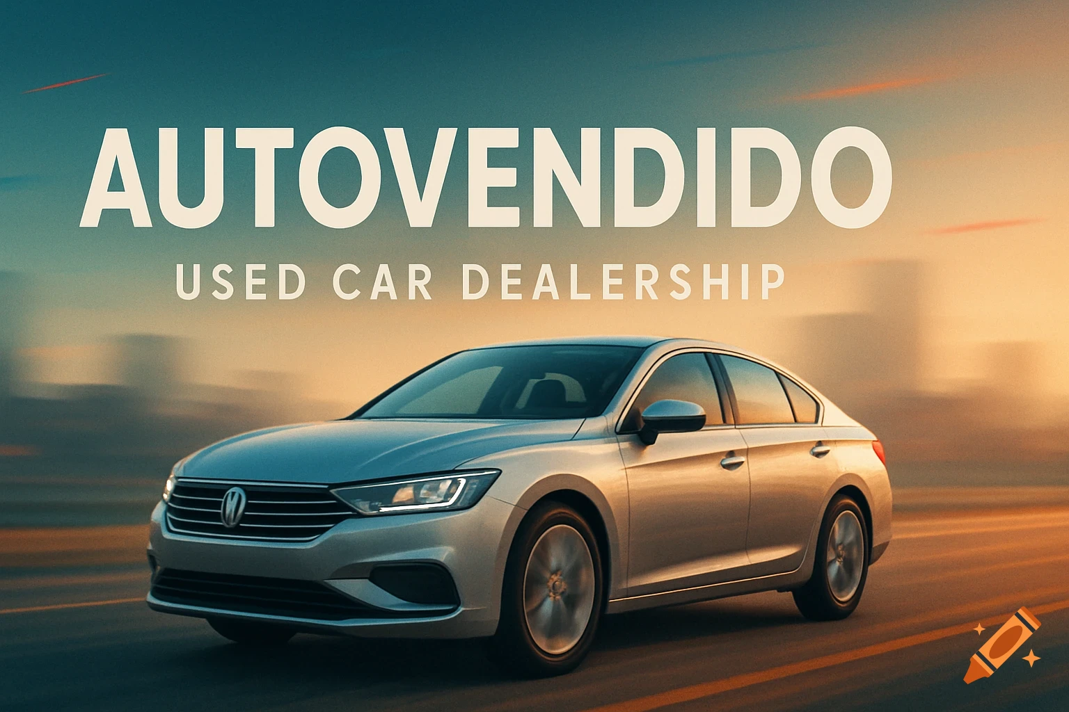 Photorealistic image of a silver car on a road at sunset, with 'AUTOVENDIDO USED CAR DEALERSHIP' text above.