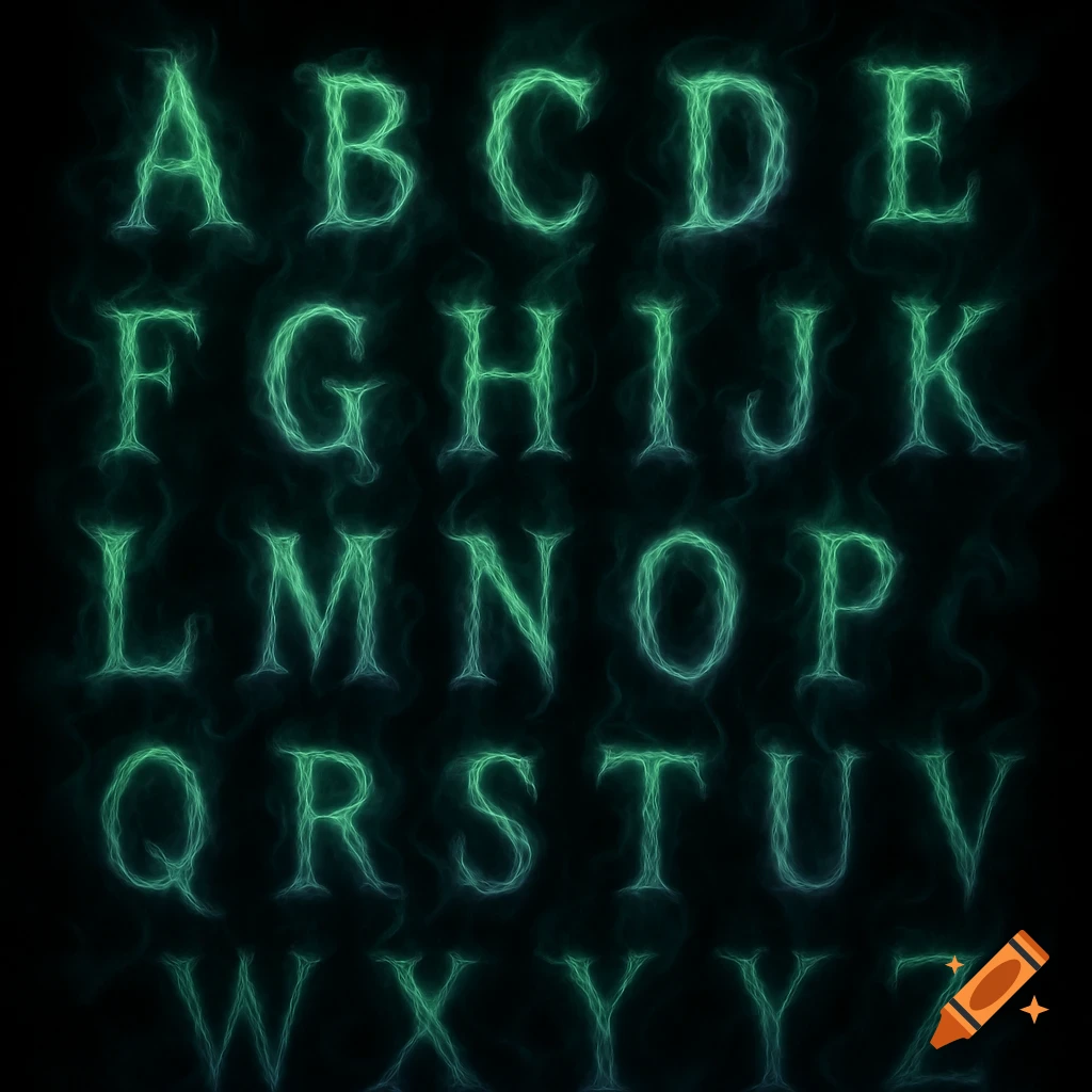 The English alphabet A-Z rendered in glowing, smoky green and blue text on a black background.
