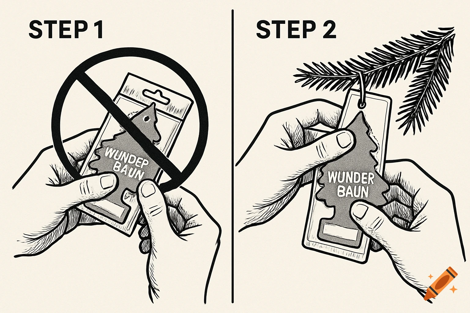 Black and white technical illustration showing two steps: Hands with a no symbol over packaged air freshener, then hands hanging it on a pine branch.