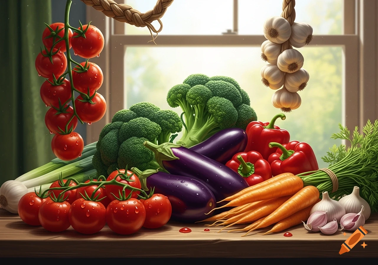 A vibrant assortment of fresh vegetables including tomatoes, broccoli, eggplants, bell peppers, carrots, and garlic on a wooden table by a window.