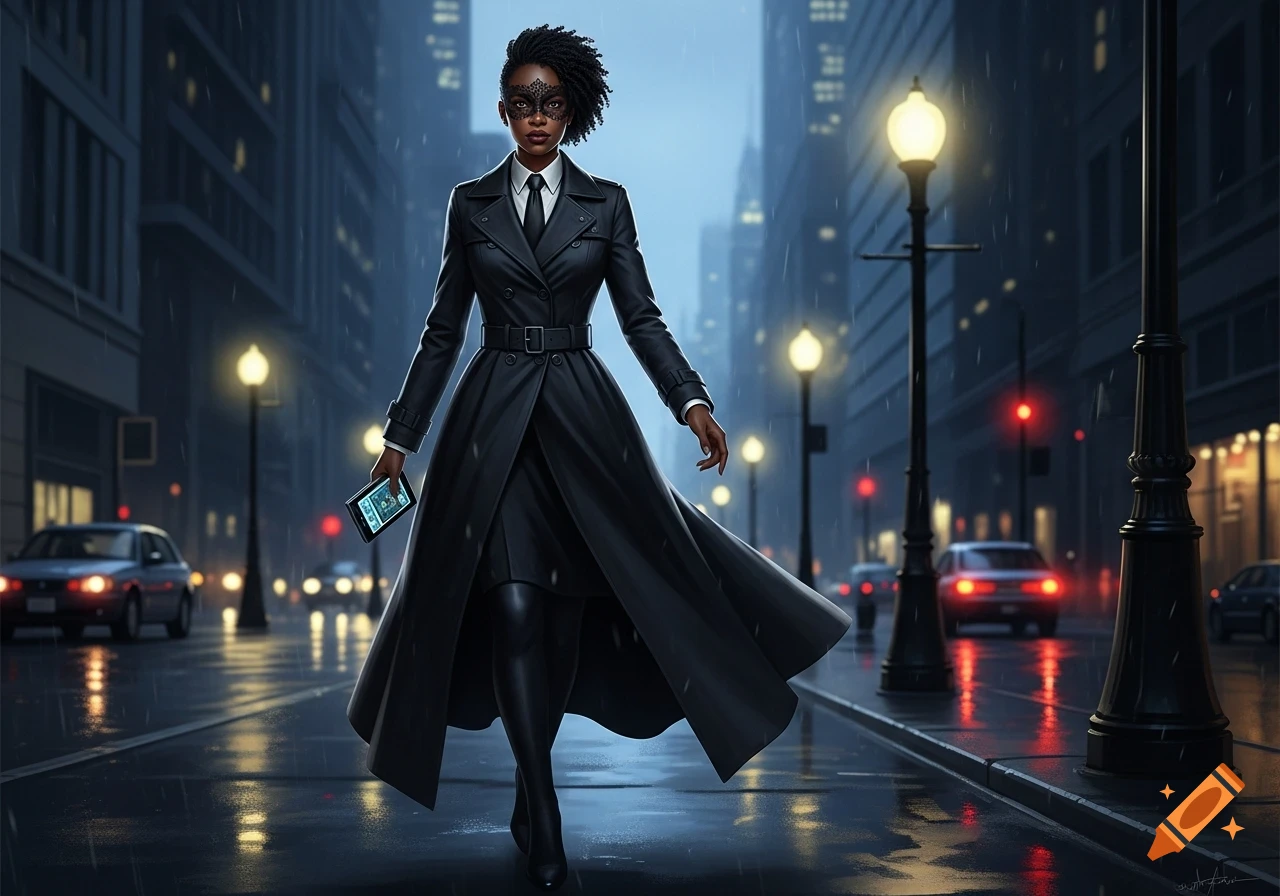 A Black woman in a long black trench coat and lace mask walks down a rainy city street at night, holding a device.