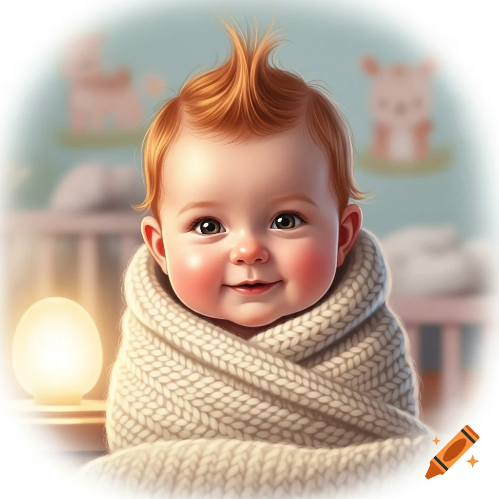 A cute smiling baby with spiky red hair, wrapped in a white knitted blanket, against a blurred light blue background.