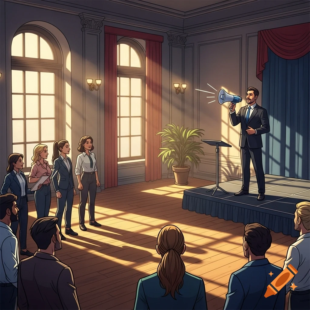 An illustrated man in a suit addresses team members with a megaphone on a stage in a formal room.